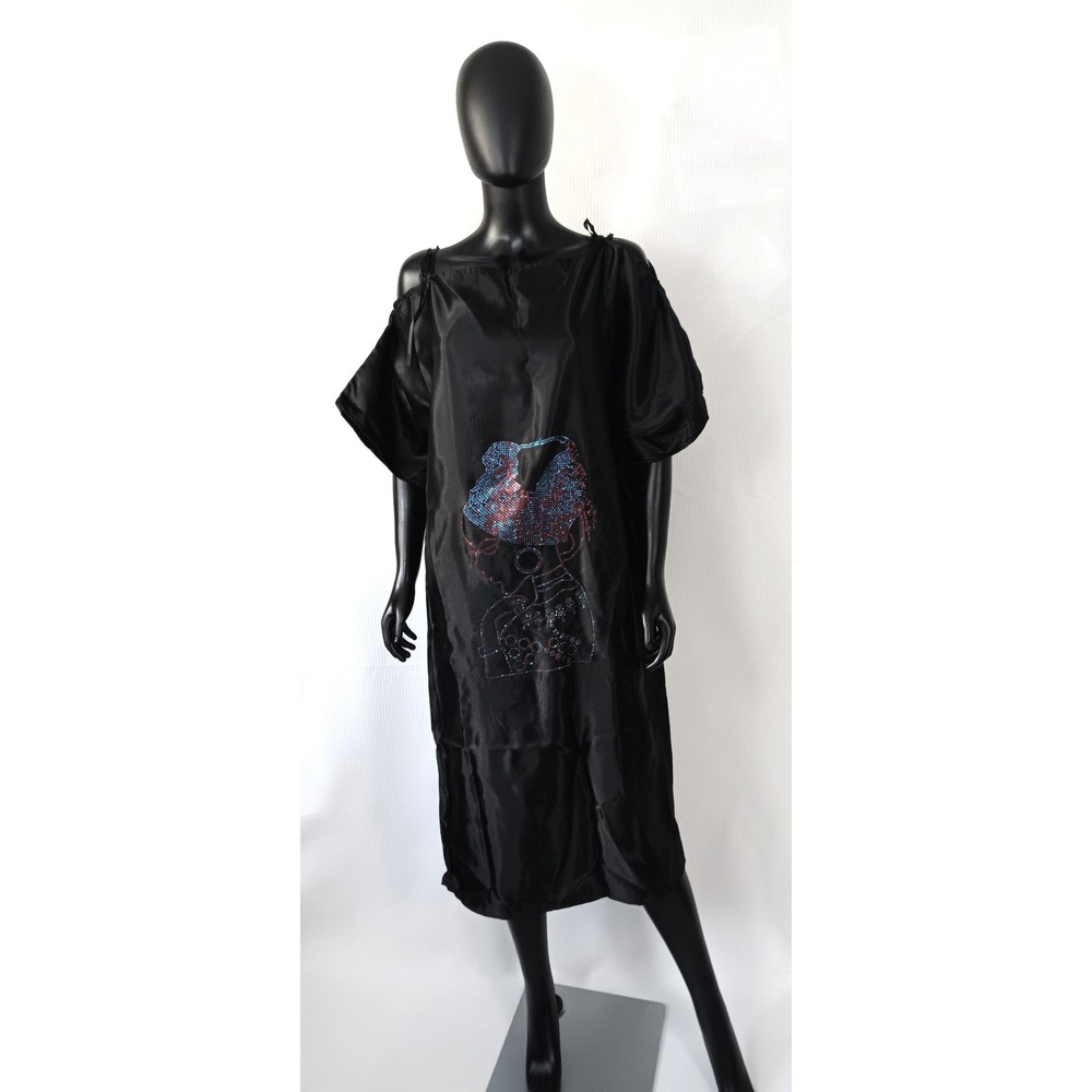 Handmade Black Satin Kaftan Midi Dress Rhinestone Afrocentric Cold Shoulder M L